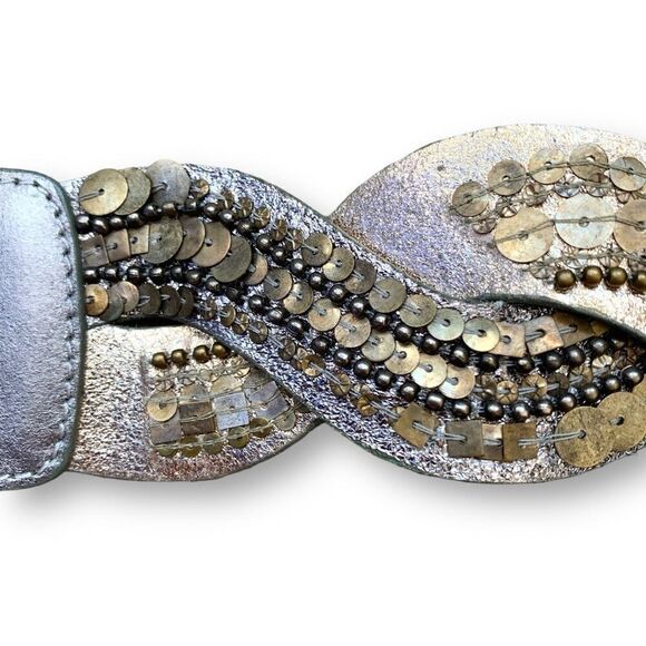Vintage Statement Belt Metallic Silver Gold Braided Leather Sequins Beads Boho - Picture 8 of 8
